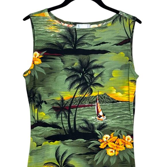 Vintage Janana's Size Medium Made in USA Green Hawaiian Print Tank Dress - Picture 2 of 6